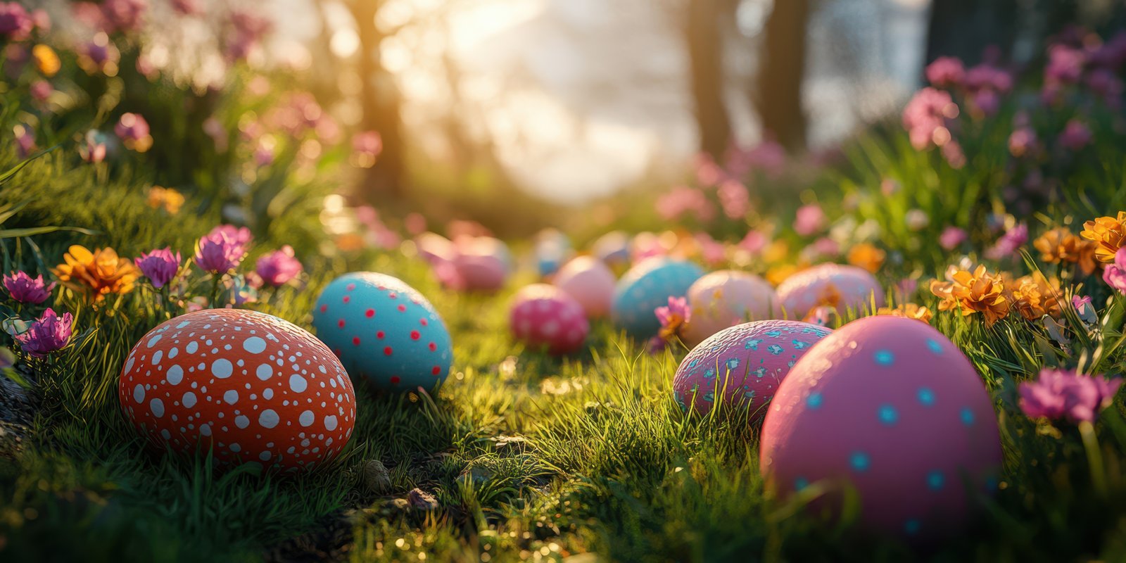 Colorful Easter eggs scattered among blooming flowers in a sunlit garden during springtime